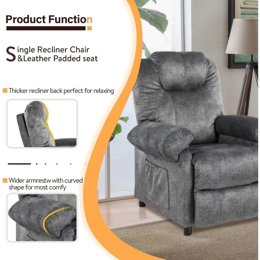 Overstuffed Massage Recliner Chair Living Room Chairs for Adults Fabric Manual Small Recliner with Heating Push Back