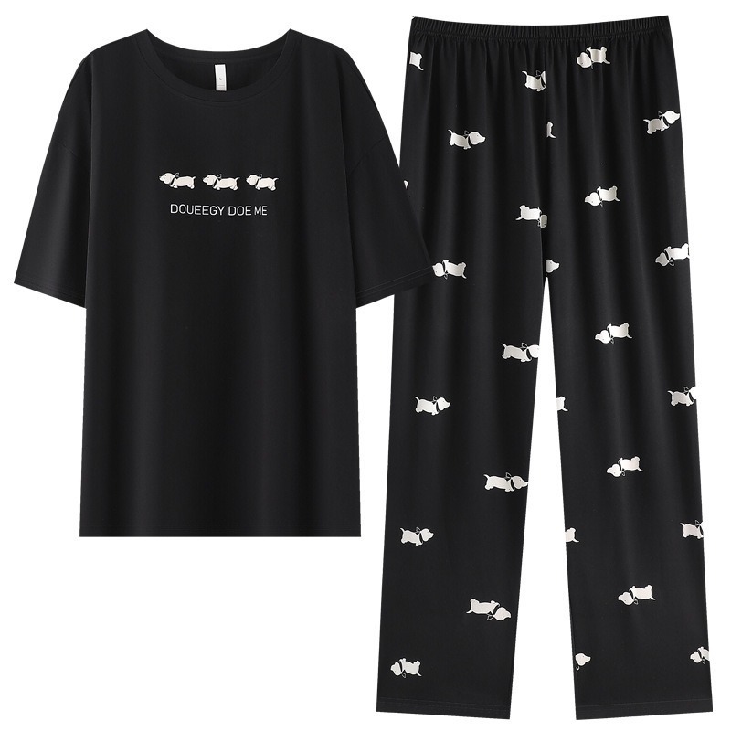 Soft Modal Fabric Short-Sleeved Trousers Pajamas Cartoon Dog Print Puppy O-Neck Pullover Plus Size Black Ladies Nightwear