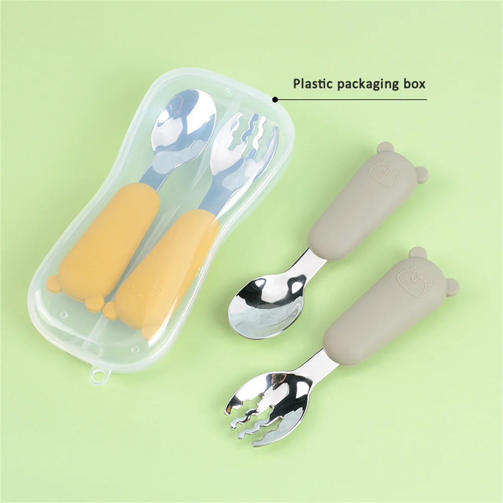 Stainless Steel Cutlery Fork Spoon Set Cartoon Silicone Non-slip Baby Food Feeding Tableware Multi-purpose Durable Sztućce Set