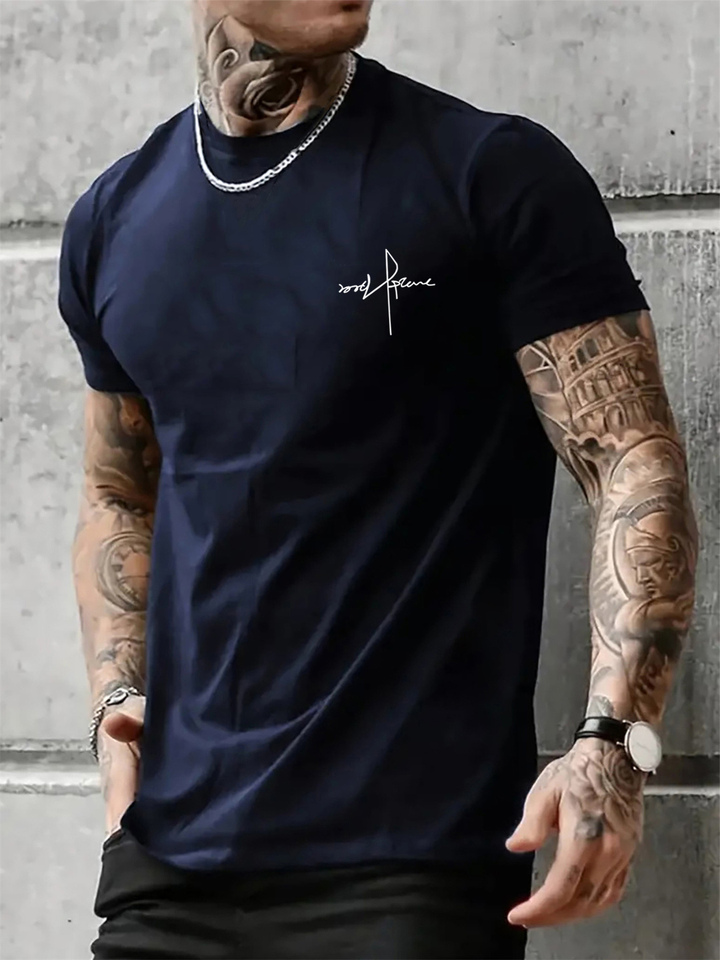 Summer men's 100% pure cotton casual loose fit plus size letter printed sports comfortable round neck short sleeved T-shirt top