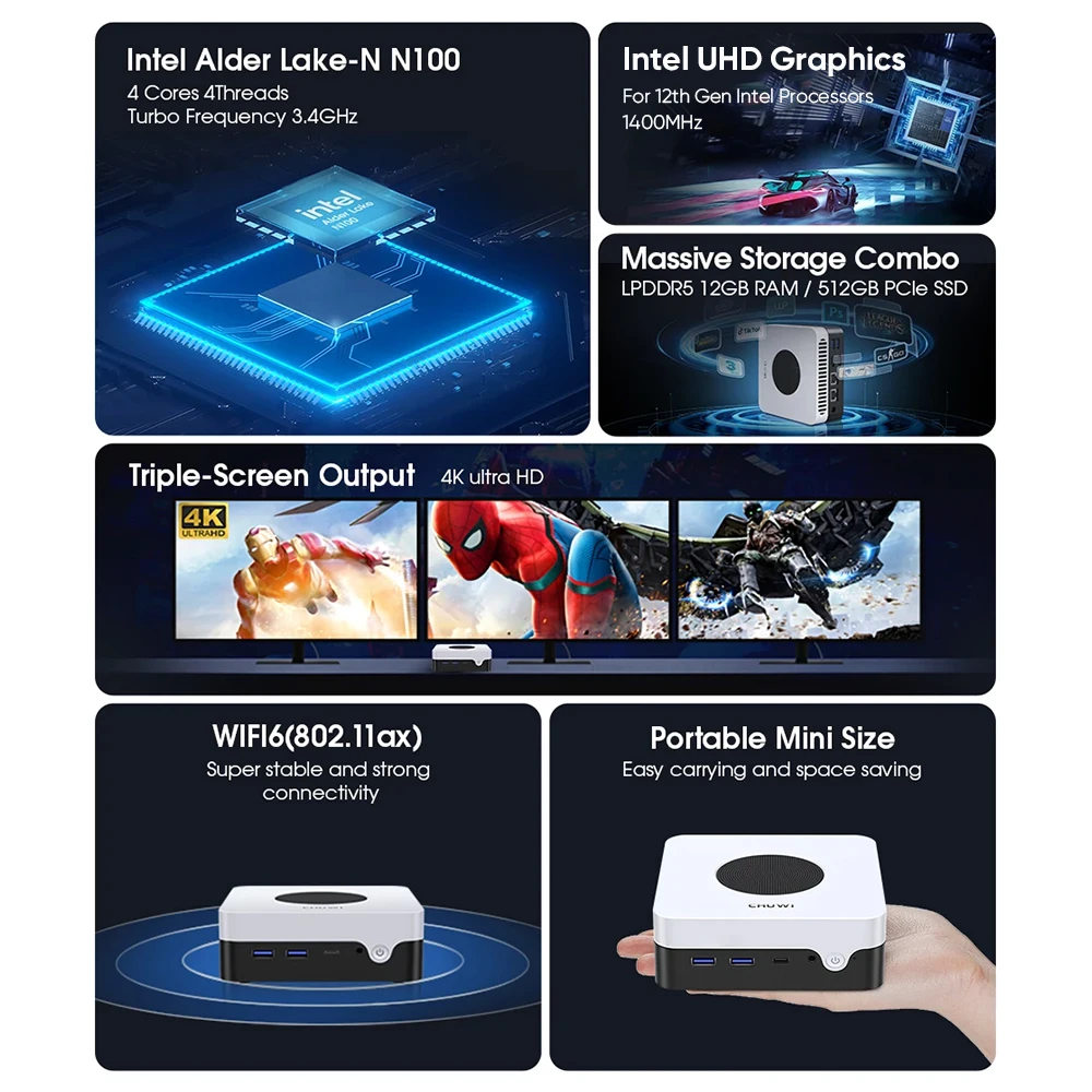 CHUWI LarkBox X Mini PC Gaming Intel 12th N100 15W 12GB LPDDR5 512GB SSD Windows 11 WiFi 6 BT 5.2 archiviazione estesa fino a 1TB