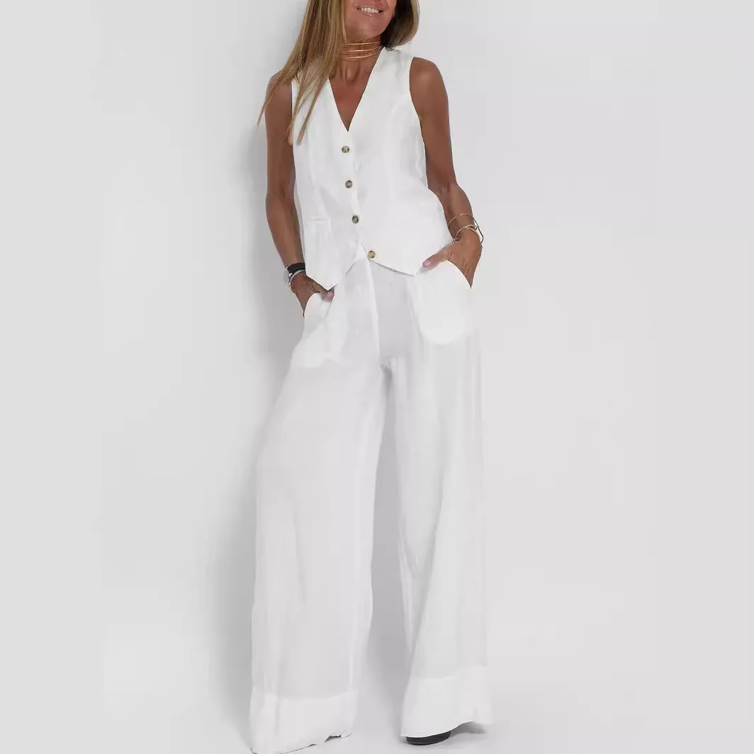 Women Elegant Solid Waistcoat Pant Sets Single Breasted V Neck Vest Top + High Waist Slim Long Pants Lady Office Wear Suits