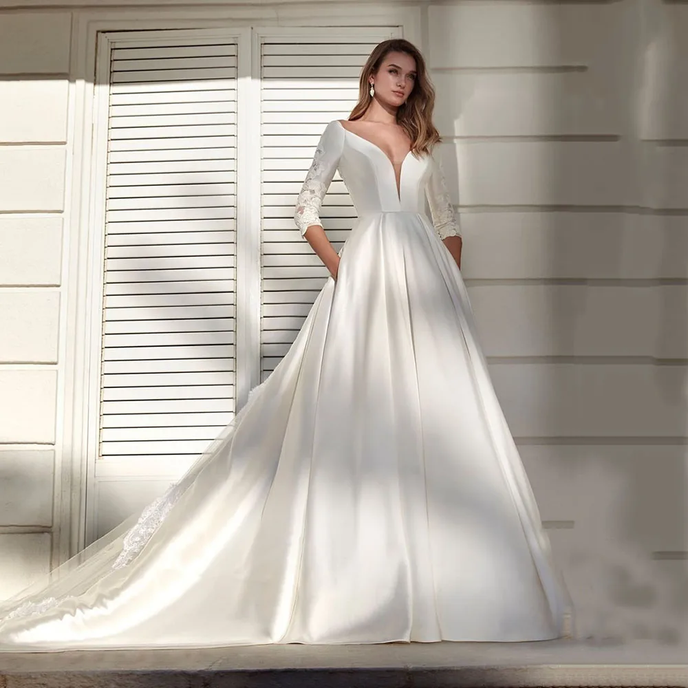 

Satin Wedding Dresses Modern V-neck Half Sleeves A-line Bridal Dress With Women Lace Appliques Customize To Measures Elegant