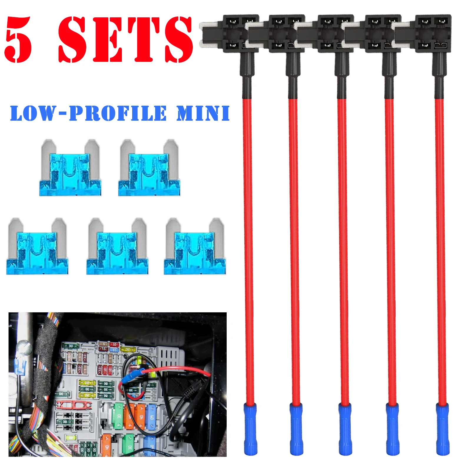 Universal 5 Pack Car Add-A-Circuit Piggy Back Fuse Tap Adapter 16AWG 15A Low Profile Mini Fuse Blade Holder Small Extractor