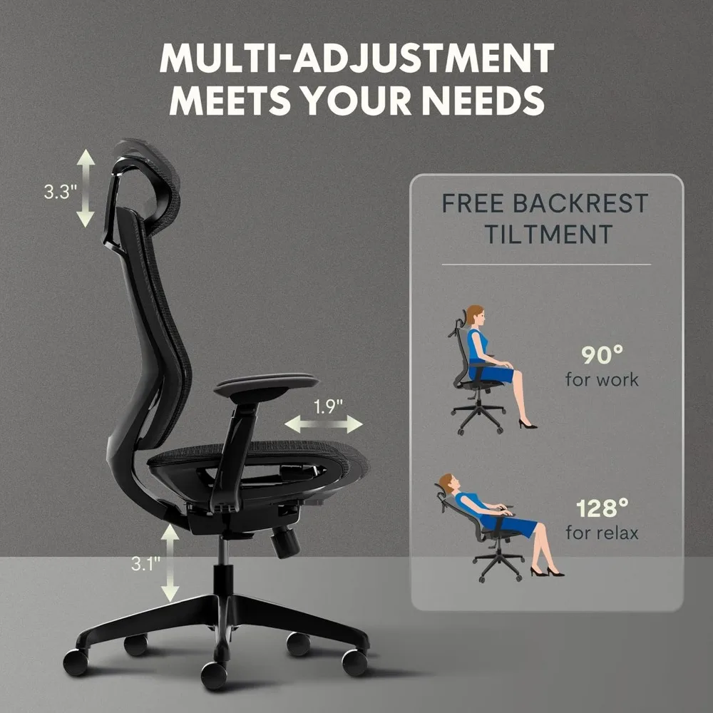 Big and Tall Office Chair Heavy Duty,4D Armrest Mesh Ergonomic Home Office Chair with High Back,Tilt Function, 360°Swivel Wheels 5
