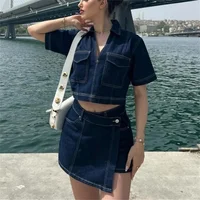 MUJER bleu Denim chemise femme à manches courtes chemise courte femmes été hauts courts femme Streetwear Y2k élégant femmes Blouses 2