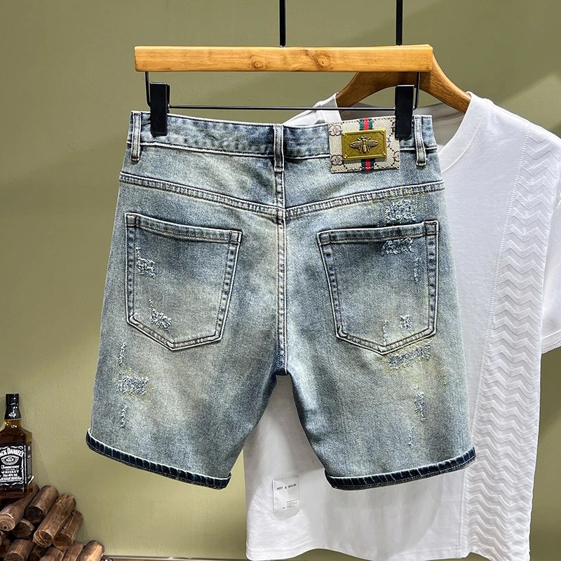 Personalized bear splicing patch Slim straight Heavy embroidery gangster handsome destruction of men's shorts men's models