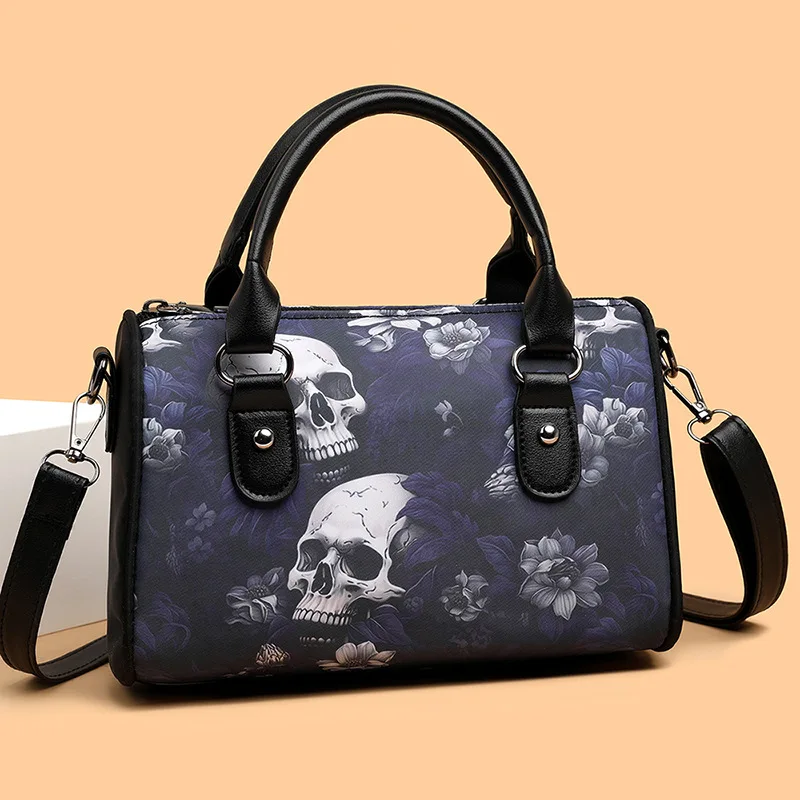 Skull Printed Boston Shoulder Bag Adjustable Strap Women Punk Crossbody Bag Oxford Hobo Bag for Party Festival Shopping
