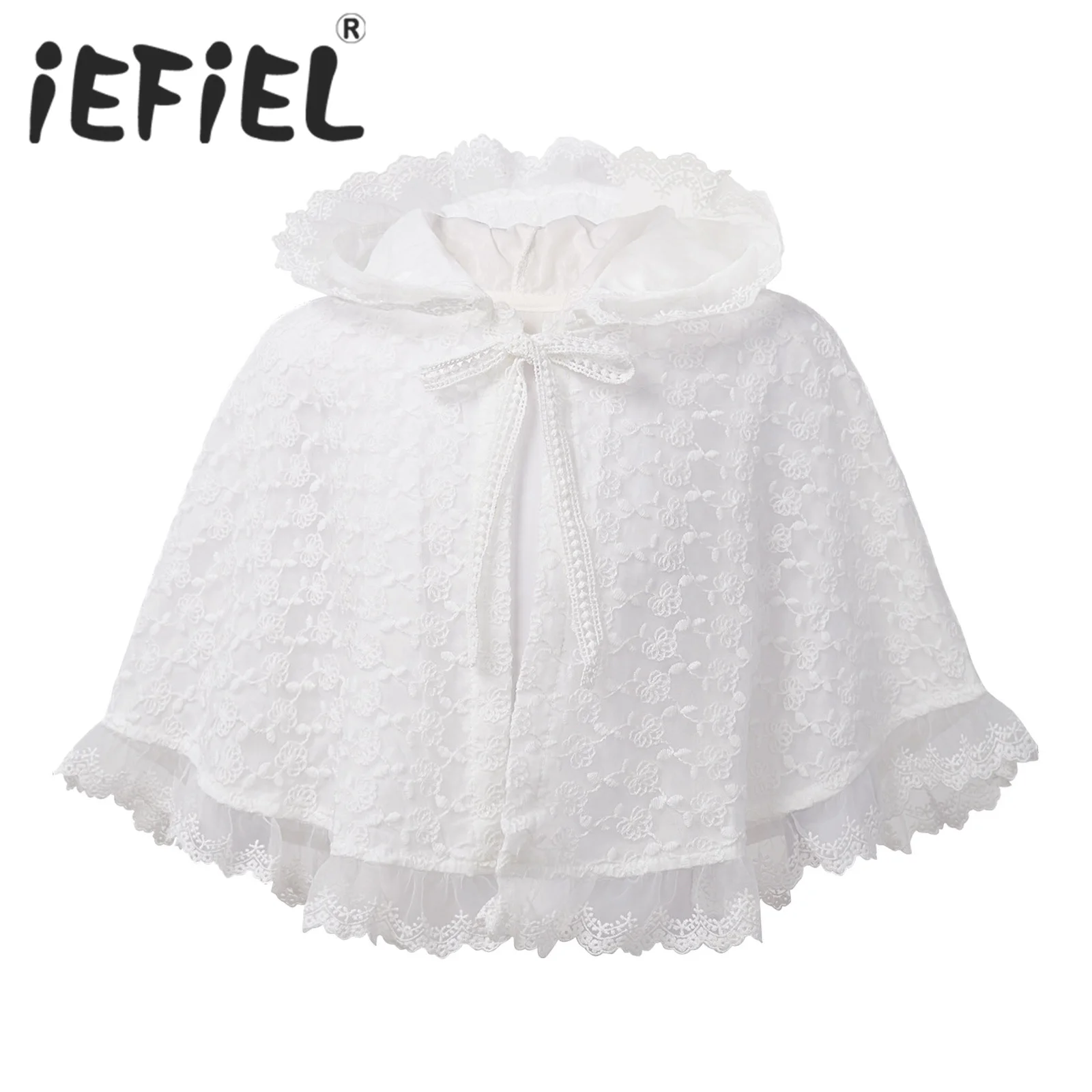 

Baby Girls Todder Infant Kids Floral Embroidery Ruffle Hooded Cloak Floral Lace Layer Self-Tie Hoodie Cape for Photography Party