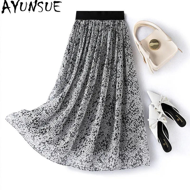 

100% Mulberry Real Silk Skirts Women's Summer Long Skirt Slim Temperament Elastic Waist Skirt Printing Elegant Skirt Women Jupes