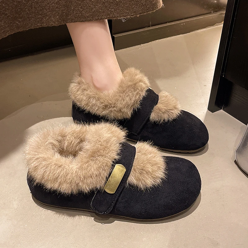 Aphixta Metal Buckle Loafers Warm Winter Shoes Furry Women Loafers Leopard Print Suede Shoes Short Plush Lining Flat Heel Shoes
