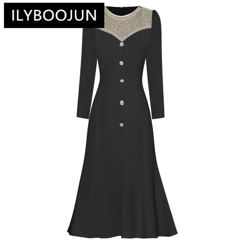 

ILYBOOJUN Fashion Designer Autumn Mermaid Dress Women O-Neck Long Sleeve Beading Crystal Button Office Lady Midi Dresses