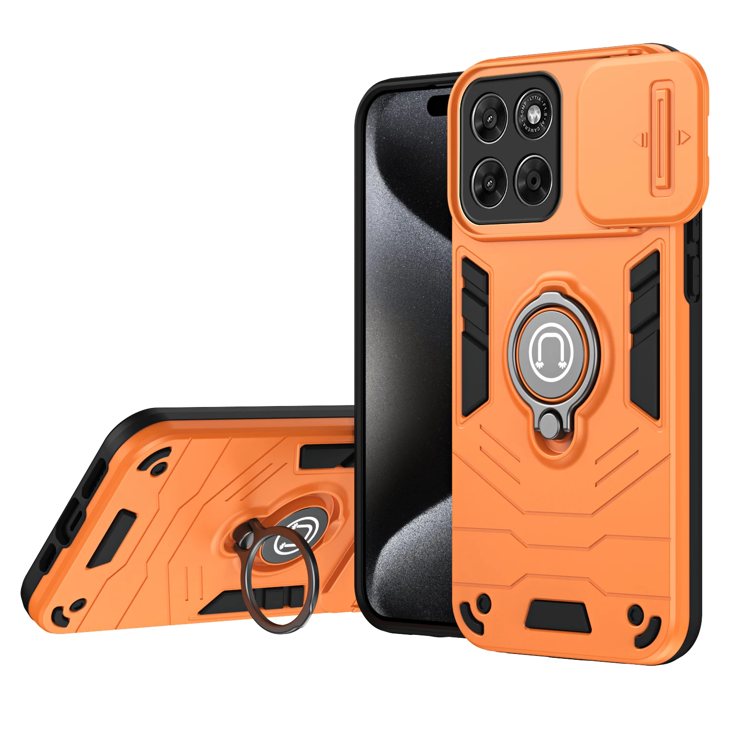 Hybrid Armor Shockproof Case with Sliding Window and Metal Ring Stand - TPU Plastic Phone Cover