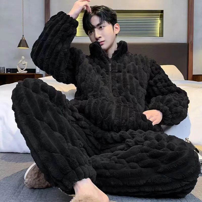 Men's Three-layer Padded Pajamas Winter Super Warm Thickened Sleepwear Outfit Youth Coral Velvet Premium Zipper Loungewear Set