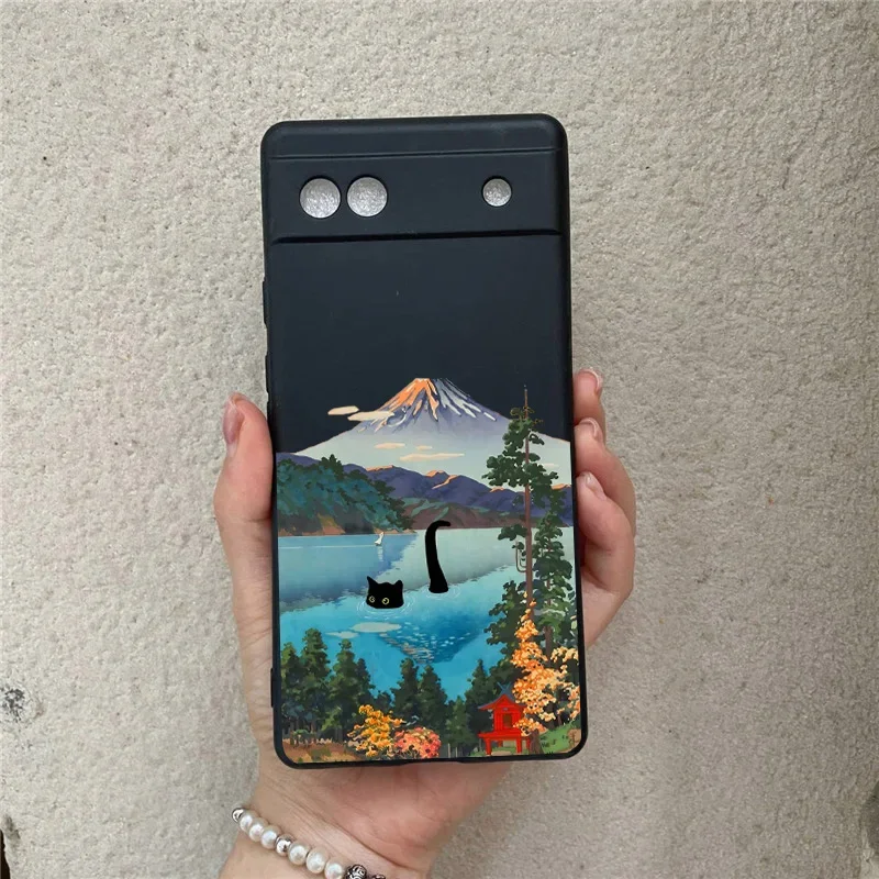 Japanese Aesthetic Black Cat Landscape Soft Silicone Phone Case