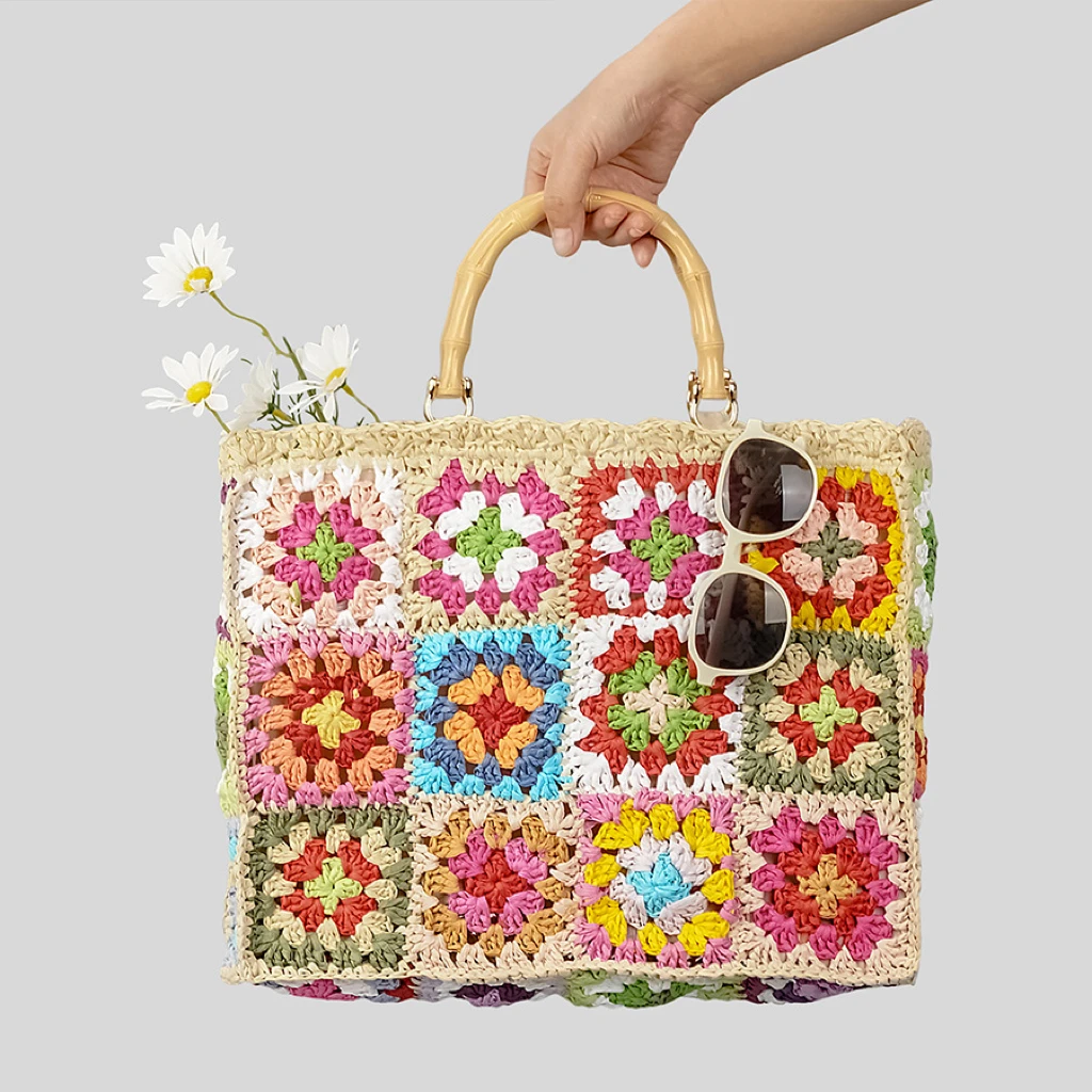 

Handmade Summer Beach Bag Bohemian Square Handbags Casual Paper Woven Bamboo Handle Women Hand Bags Large Tote Purse