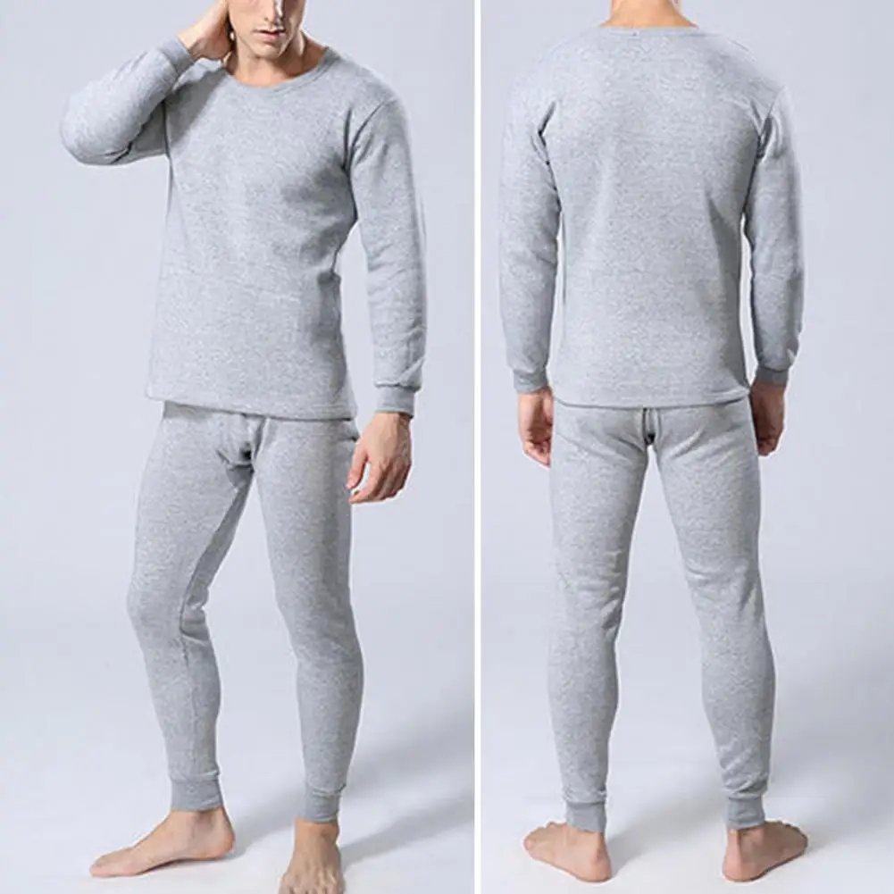 

Long-sleeved Top Trousers Set Winter Men Thermal Underwear Set Warm Slim Fit Elastic Pajamas for Homewear Solid Color Men Suit