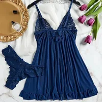 Bretelles en Tulle exquises pour femmes, sous-vêtements en dentelle à col en v, ensemble de robe tanga semi-transparente, Lingerie féminine, chemises de nuit 2
