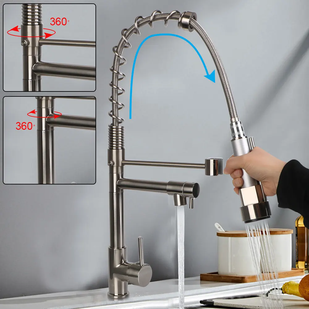 

Brass Pull Down Hot Cold Water Mixer Spring Dual Swivel Spouts Kitchen Sink Faucet Crane Tap with Dual Spout Deck Mounted