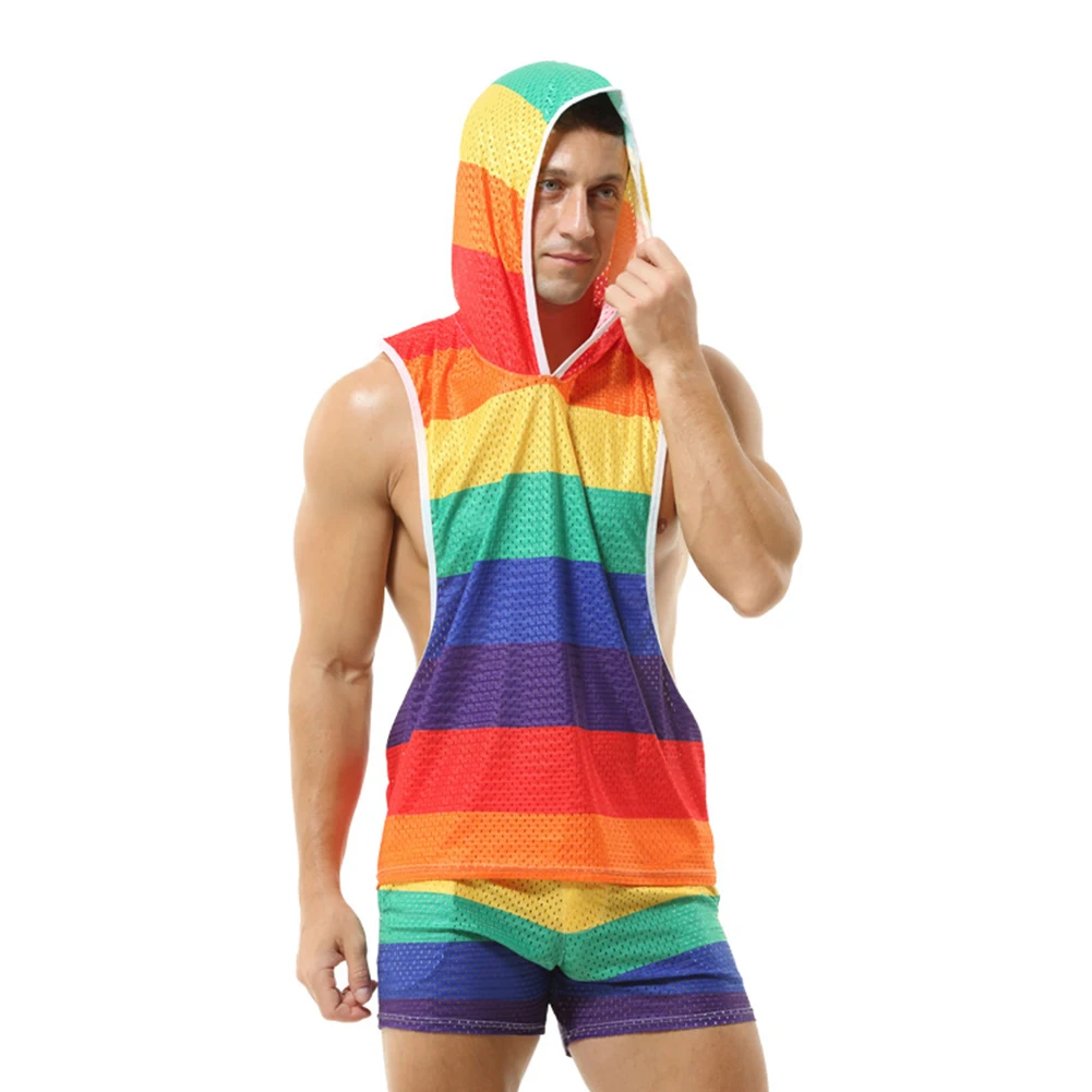 

Men's Rainbow Hooded V-Neck Hollow Breathable Singlet Vest Sexy Sleeveless Loose Racers Top Muscle Mesh Fishnet Sheer T-Shirt