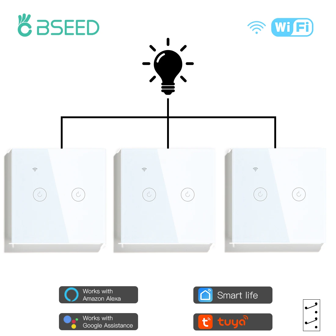 

BSEED 2Gang 3Way Wifi Light Touch Switch Wall Smart Switch 3Positions Google Home Alexa Wireless App Control LED Indicator 10A