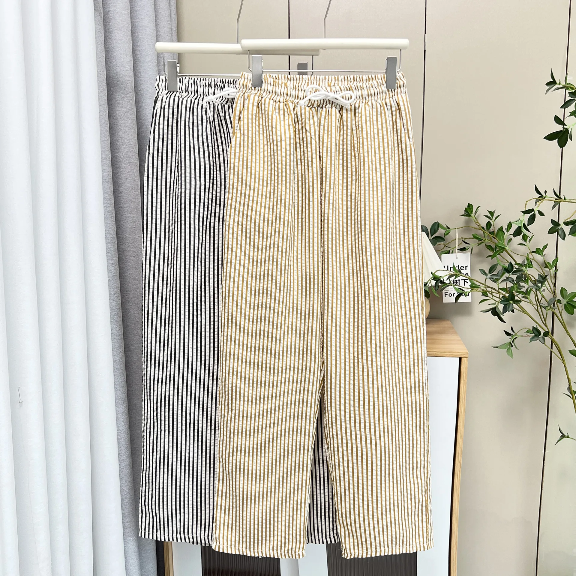 Fashion Plus Size Women's Straight Pants Autumn New Style Casual Loose Washed Striped Full Length Trousers 1701