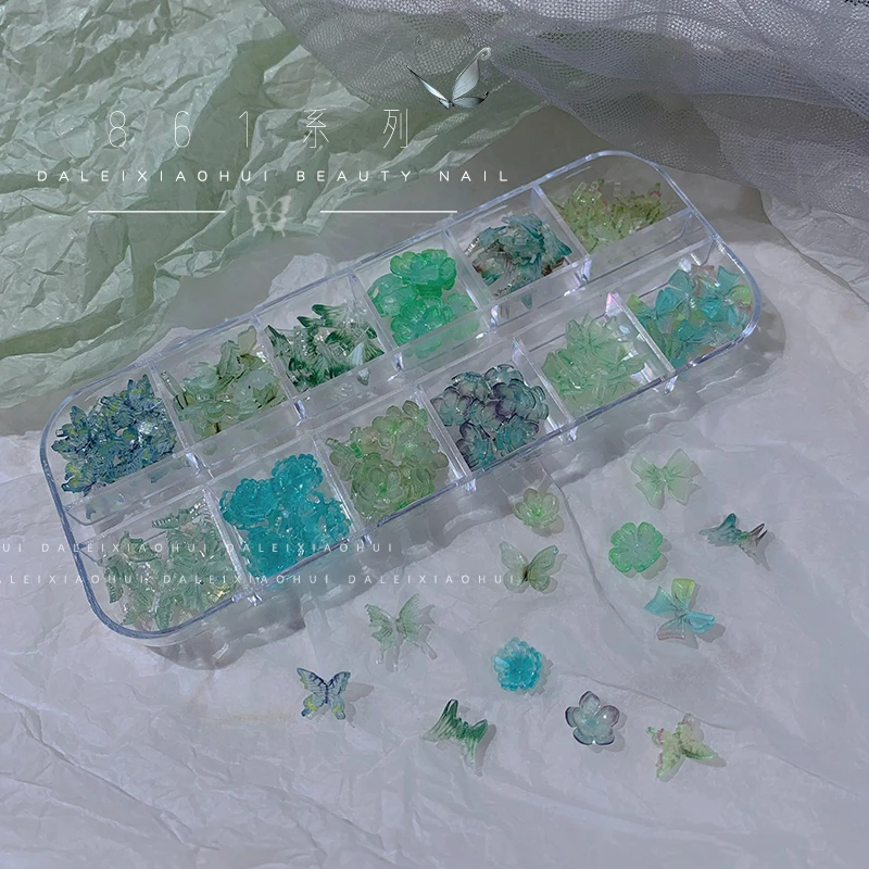 12 Grids Jade Green Nail Decoration Flowers Mixed Nails Accessories Butterfly Nails Drill Goldfish Transparent Floral Ornaments 5