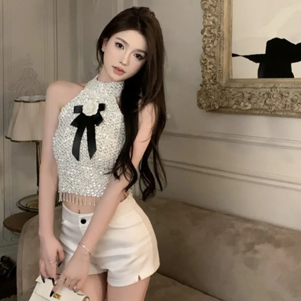 

Korean Fashion Halter Camis Slim Fit Out Off Shoulder Vest Sexy Sequins Camellia Bow Tanks Female Summer Chic Tassel Crop Tops