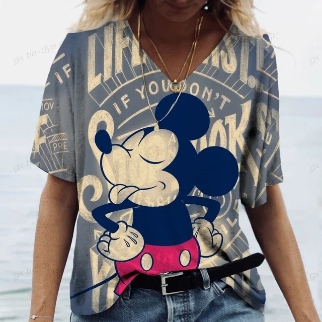 thumbnail image 1 of Camisetas de manga corta con cuello en V y estampado 3D de Mickey Mouse de Disney, camisetas de gran tamaño para mujer, camisetas de moda para mujer, camisetas de verano Y2k para mujer, 1 of 5