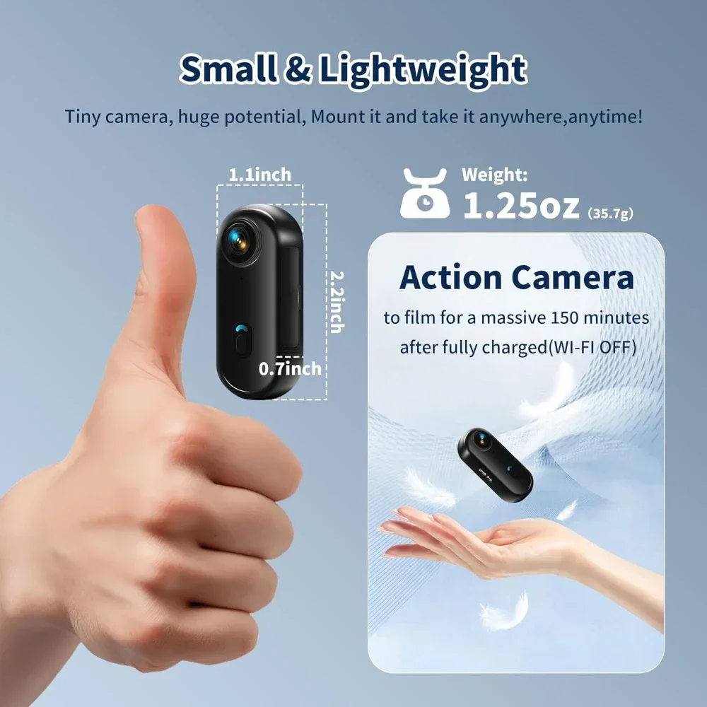 Vlogueur tenant une caméra d'action 4K et 1080P avec carte mémoire, filmant ses aventures en montagne.