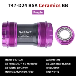 Ceramic Mountain Bike Bottom Bracket - BSA MTB Central Movement, Hollowtech, 68 - 73MM (T47 Ceramics Purple)