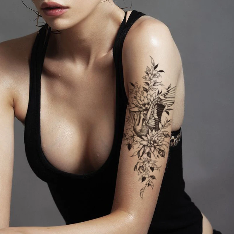 

Red-crowned Crane Waterproof Temporary Tattoo Sticker Black Flowers Design Fake Tattoos Flash Tatoos Arm Body Art for Women Men