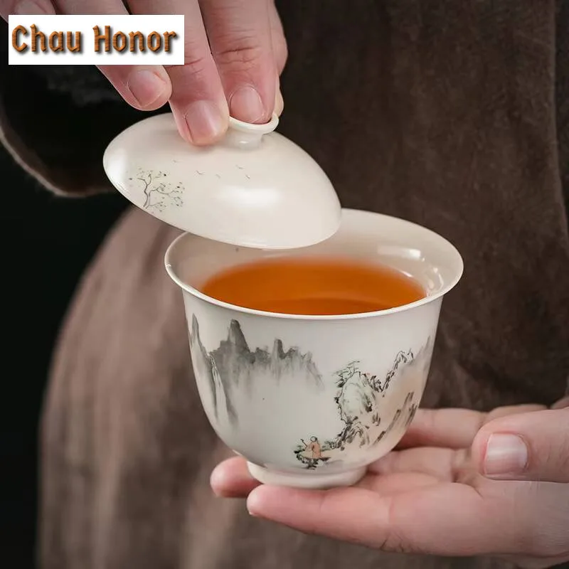 Pure Handmade Calligraphy Gaiwan Retro Grass Wood Ash Landscape Tea Tureen Household Tea Brewing Cover Bowl Teaware Ornaments
