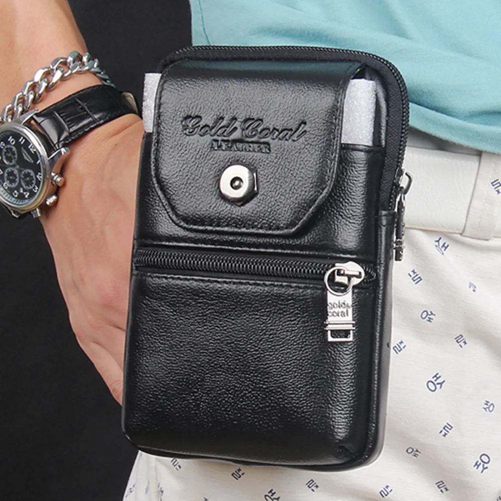 

High Quality Cell/Mobile Phone Pocket Cigarette Case Genuine Leather Cowhide Riding Belt Purse Men Fanny Waist Pack Hook Bag