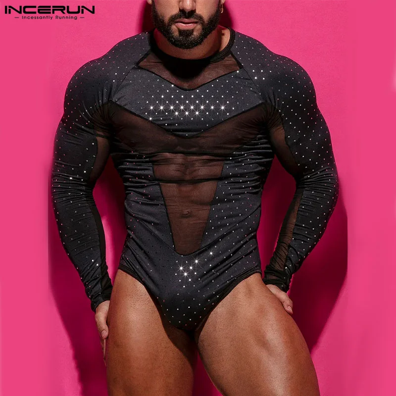 

2024 Men's Bodysuits Mesh Polka Dot Patchwork Fitness O-neck Long Sleeve Rompers Men Transparent Fashion Bodysuit INCERUN S-3XL