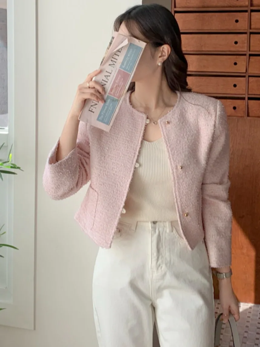 Chic ort Coarse Weave round Ne Metal Bule Women's Jaet Spring New Sle Commute Sle Medium Softn Other Fabric