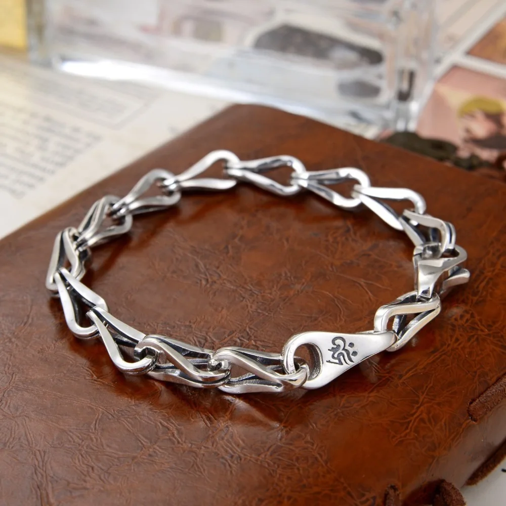 

Real Solid 925 Sterling Silver Chain Men Lucky Geometry Hollow Triangle Link Bracelet 26g/20cm