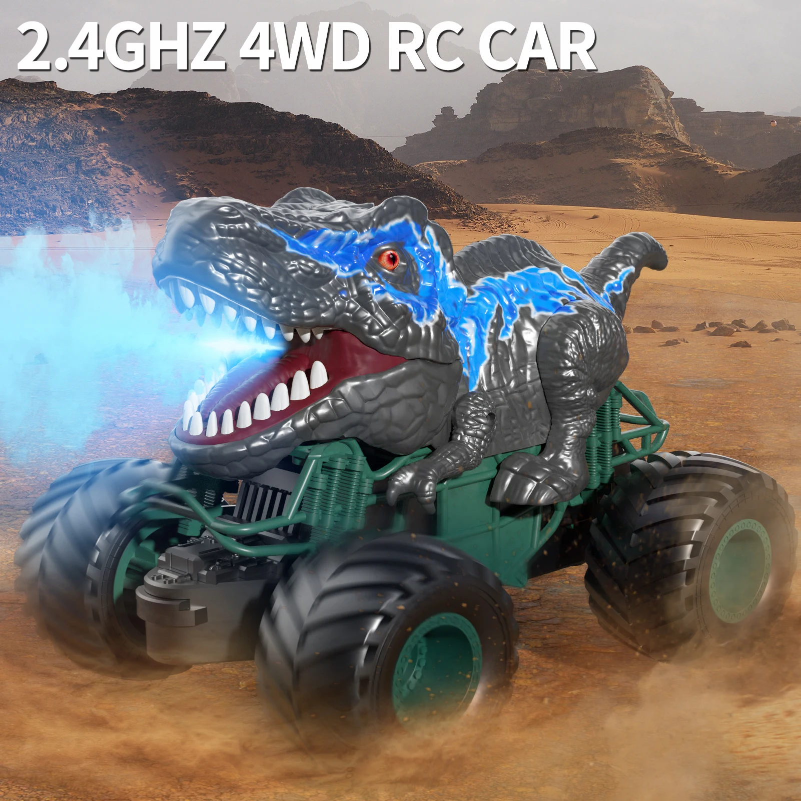 2.4GHz Dinosaur Remote Control Car Toys for Kids Boys 4-7 5-7 8-12, RC Dinosaur Car Toys with Light, Sound, Spray, Indoor Outdoo 4