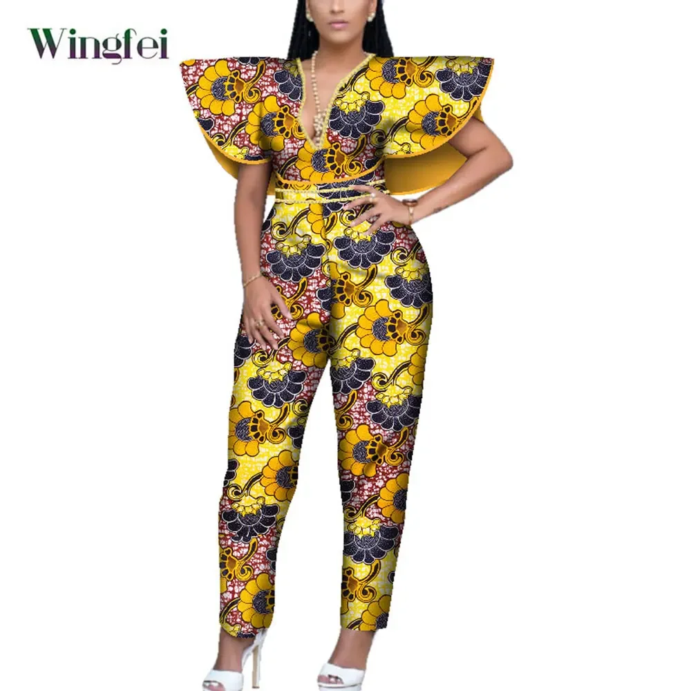African Clothes for Women Ankara Print Jumpsuit V-Neck Sleeveless Sexy Jumpsuits Rompers Fashion African Women Boubou WY3945 s 5xl sleeveless print rompers jumpsuit for women s loose casual all match sling harem overalls plus size fashion