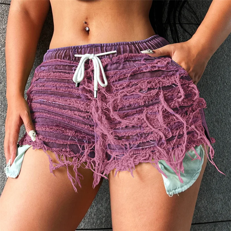 

Casual Party Night Clubwear Patchwork Clothes For Women Outfit Women Short Pants Drawstring Streetwear High Waist Jeans