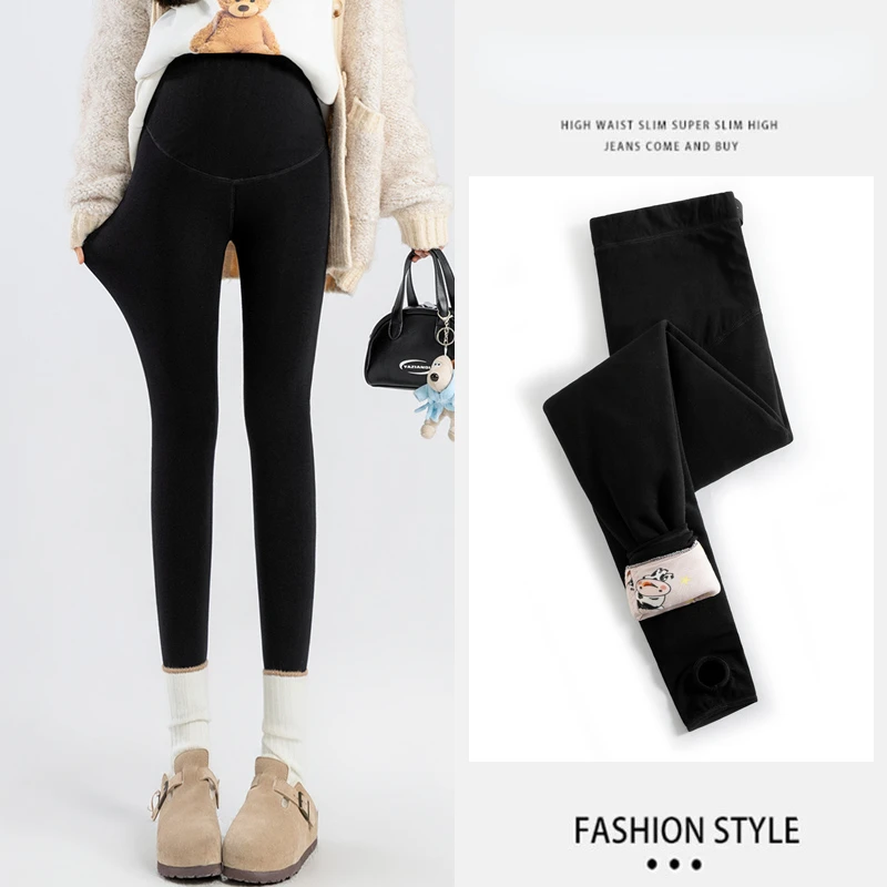 Winter Plus Size Maternity Leggings Thick Warm Pregnant Woman Full Ankle Length Leggings Cartoon Fleece Inside Belly Pants -30℃