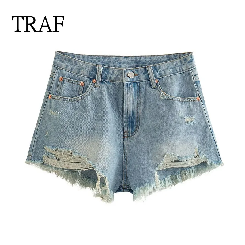 

TRAF 2023 Denim Shorts Women's Fashion Holes Mini High Waisted Women's Summer Shorts Y2k Clothing Casual Shorts Streetwear