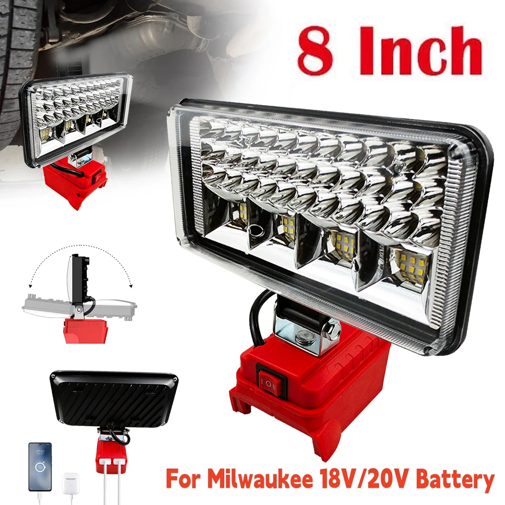 8Inch Cordless LED Work Light Spotlight for Milwaukee M18 18V Battery USB Power Bank Portable Emergency Flood Lamp Camping Lamp