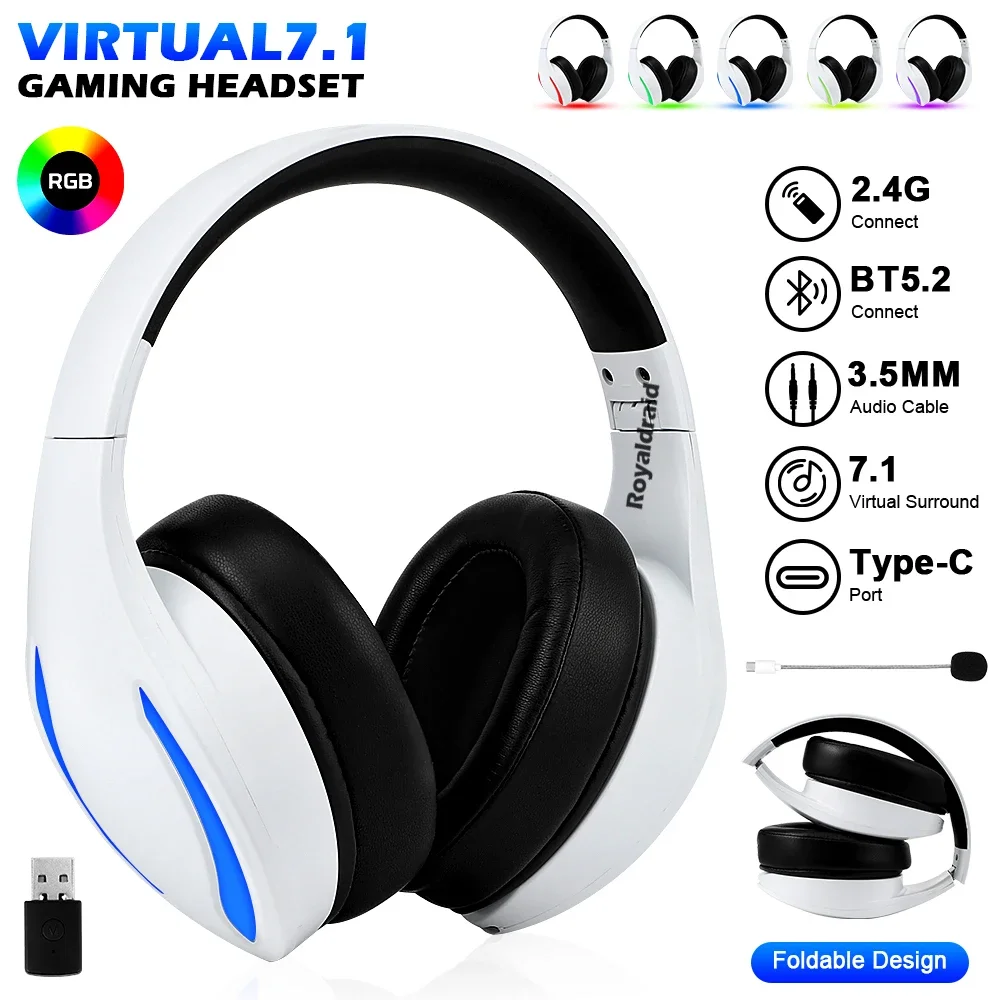Virtural 7.1 earphone compatible with Bluetooth foldable for computer wireless headset noise-canceling gaming headset for PS4/PS5...