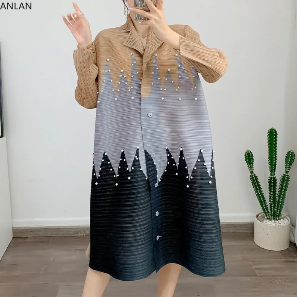 

ANLAN Fashion Pleated Miyake Dress 2024 Summer New Printed Long Sleeved Single Breasted Knee-Length Women Dresses 9YK2705