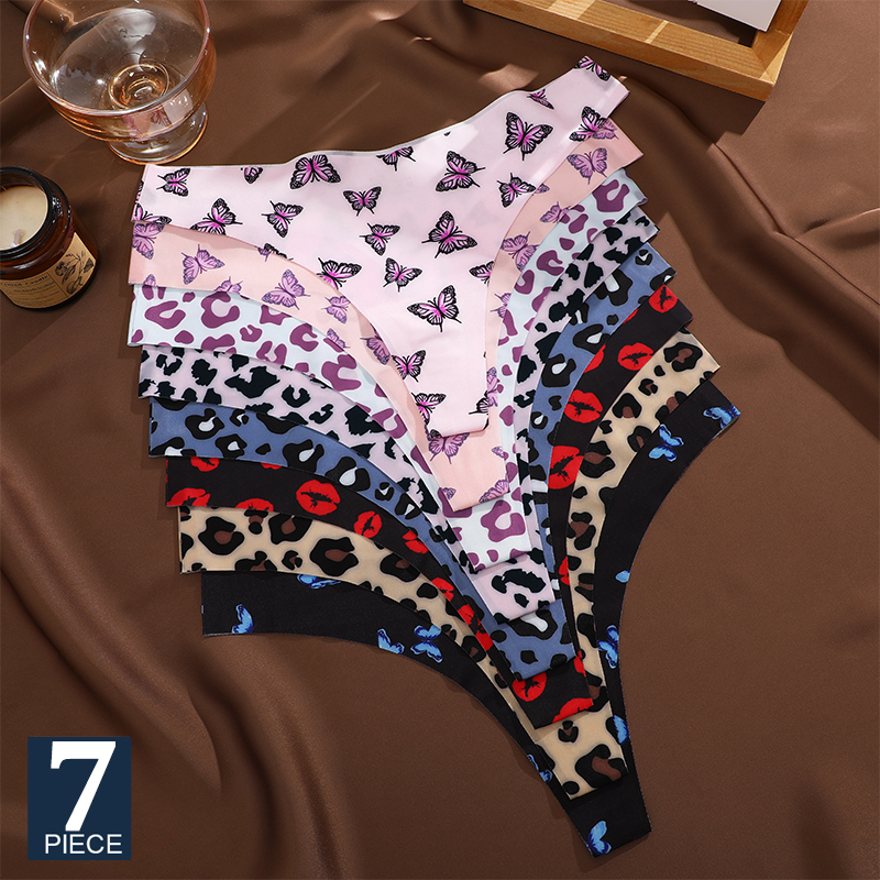 FINETOO 7Pcs Ice Silk G-String Lady Sexy Thong Women One Piece Seamless Girl Panties Fresh Low Waisted Underwear Print Underwear