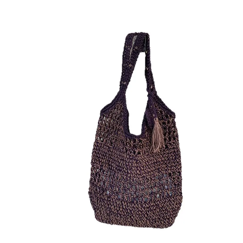 Spring Summer Hollow Woven Handbag Women's Pure Handmade Paper Rope Net Beach Vacation Straw Woven Bag Niche Single Shoulder Bag