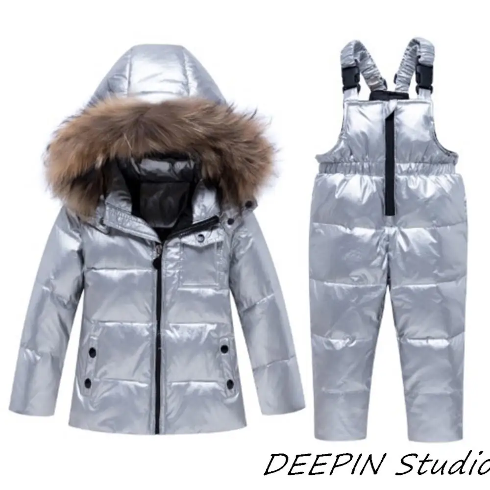 

2024 New Warm Down Jacket For Girls Coat 2-6 Years Real Raccoon Fur Children Clothing Set Toddler Boys Ski Snowsuit Silver Black