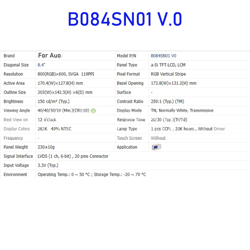 Auo  LCD 디스플레이 스크린 패널, B084SN01 V.0, 8.4 인치, 20 핀, 신제품, 빠른 배송 100% 테스트 완료