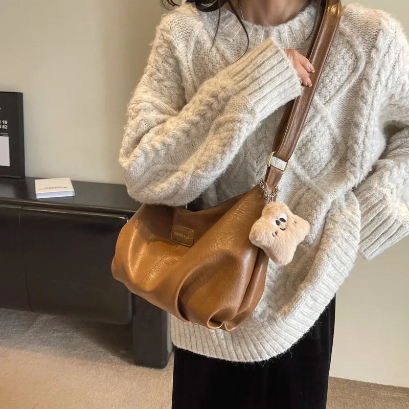 Autumn Crinkle-Texture Shoulder Bag Women's Convertible Messenger Tote with Spacious Storage Multi-Functional Pouch-Style Purse